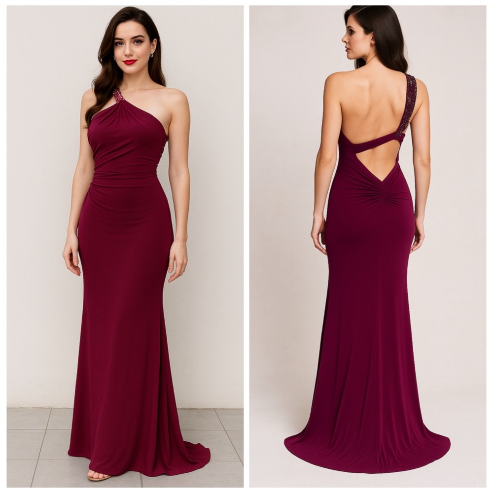 Sherri Hill 1602 Cranberry One Shoulder Prom Gown Open Back Size 2